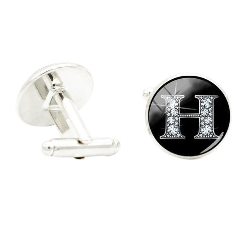 Glass Gem Letter H Cufflinks, Rhodium Plated, Wedding Jewelry