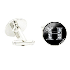 Glass Gem Letter H Cufflinks, Rhodium Plated, Wedding Jewelry