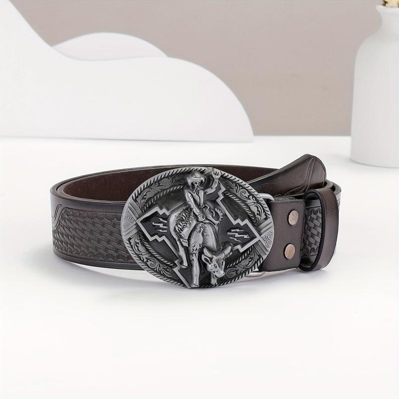 Embossed Leather Belt Retro Casual Western Cowboy Belt for Men