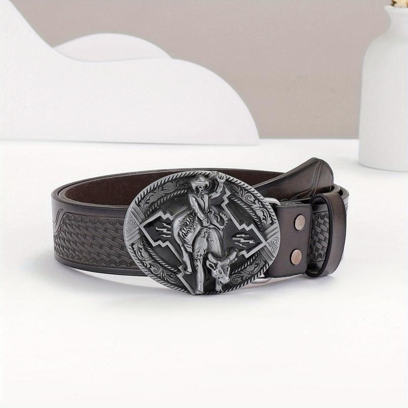 Embossed Leather Belt Retro Casual Western Cowboy Belt for Men