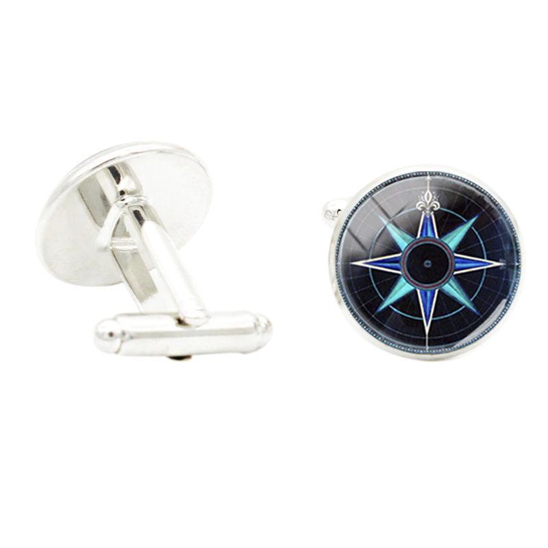 Compass Art Glass Gem Cufflinks Rhodium Plated Alloy Base