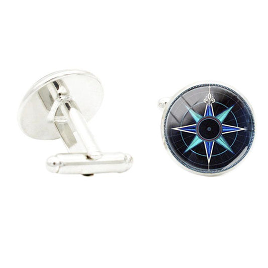 Compass Art Glass Gem Cufflinks Rhodium Plated Alloy Base