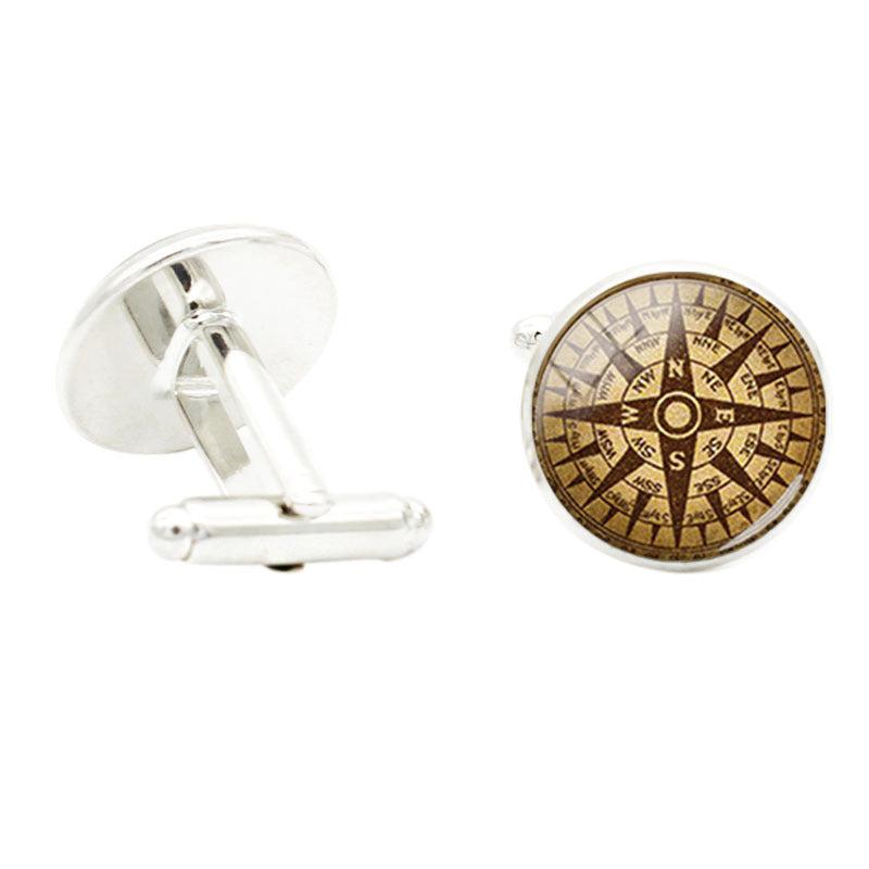 Compass Art Glass Gem Cufflinks Rhodium Plated Alloy Base