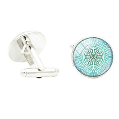 Compass Art Glass Gem Cufflinks Rhodium Plated Alloy Base