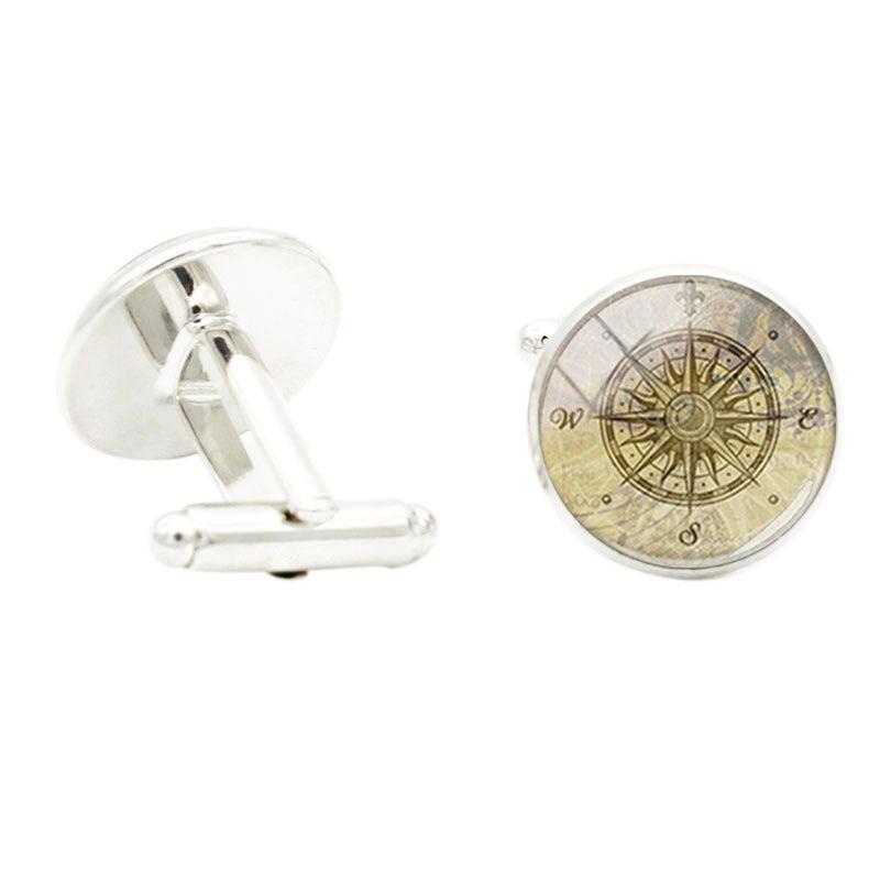 Compass Art Glass Gem Cufflinks Rhodium Plated Alloy Base