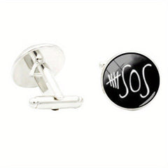 SOS Pop Singer Fans Glass Gem Cufflinks Rhodium Plated Alloy Base