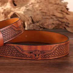 Retro Bull Head Western Cowboy Buckle Belt Embossed PU Leather Belt