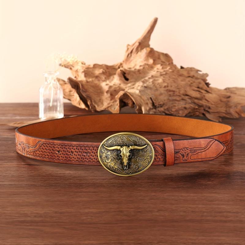 Retro Bull Head Western Cowboy Buckle Belt Embossed PU Leather Belt