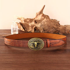 Retro Bull Head Western Cowboy Buckle Belt Embossed PU Leather Belt