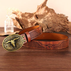 Retro Bull Head Western Cowboy Buckle Belt Embossed PU Leather Belt