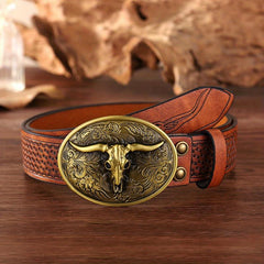 Retro Bull Head Western Cowboy Buckle Belt Embossed PU Leather Belt