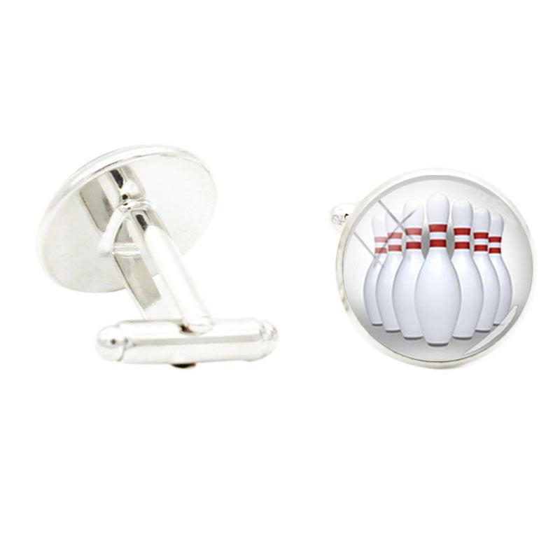Bowling Photo Glass Gem Cufflinks Rhodium Plated