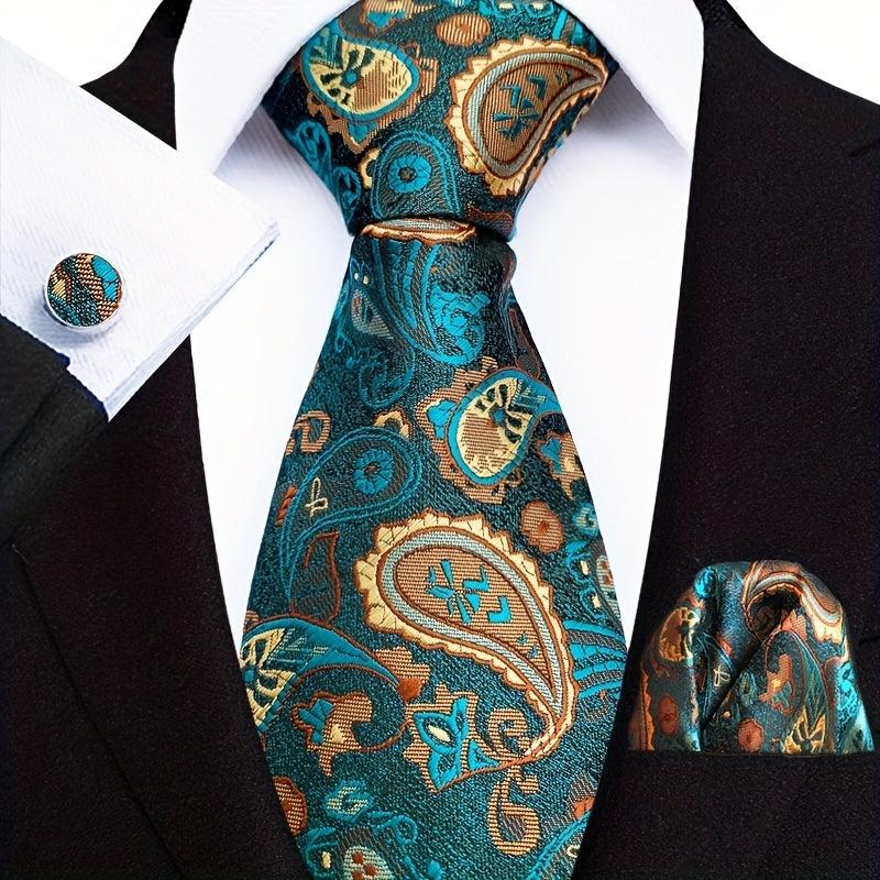 Men's Paisley Tie Jacquard Necktie Handkerchief Clip Set Gift