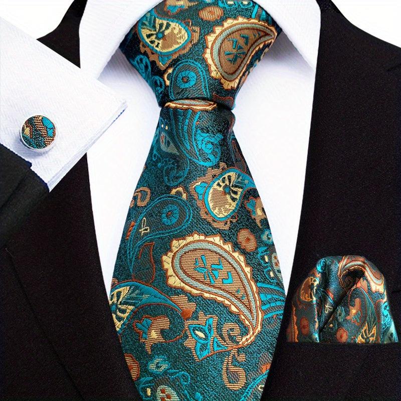 Men's Paisley Tie Jacquard Necktie Handkerchief Clip Set Gift
