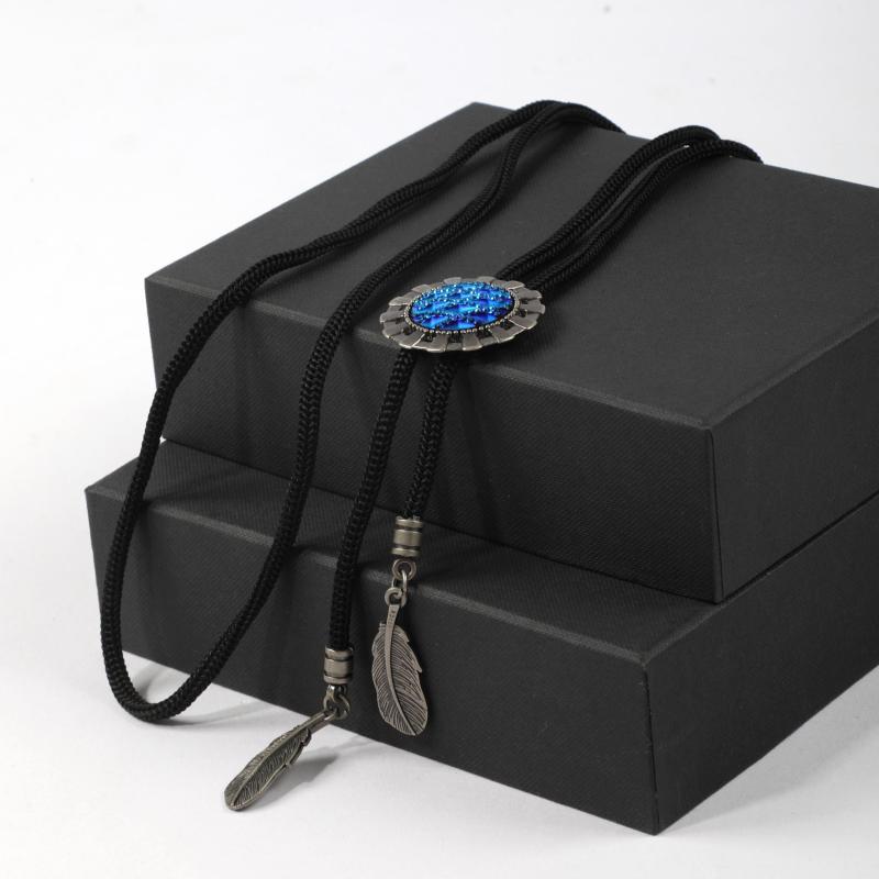 Men's Retro Gemstone Polo Collar Tie Western Cowboy Shirt Necklace