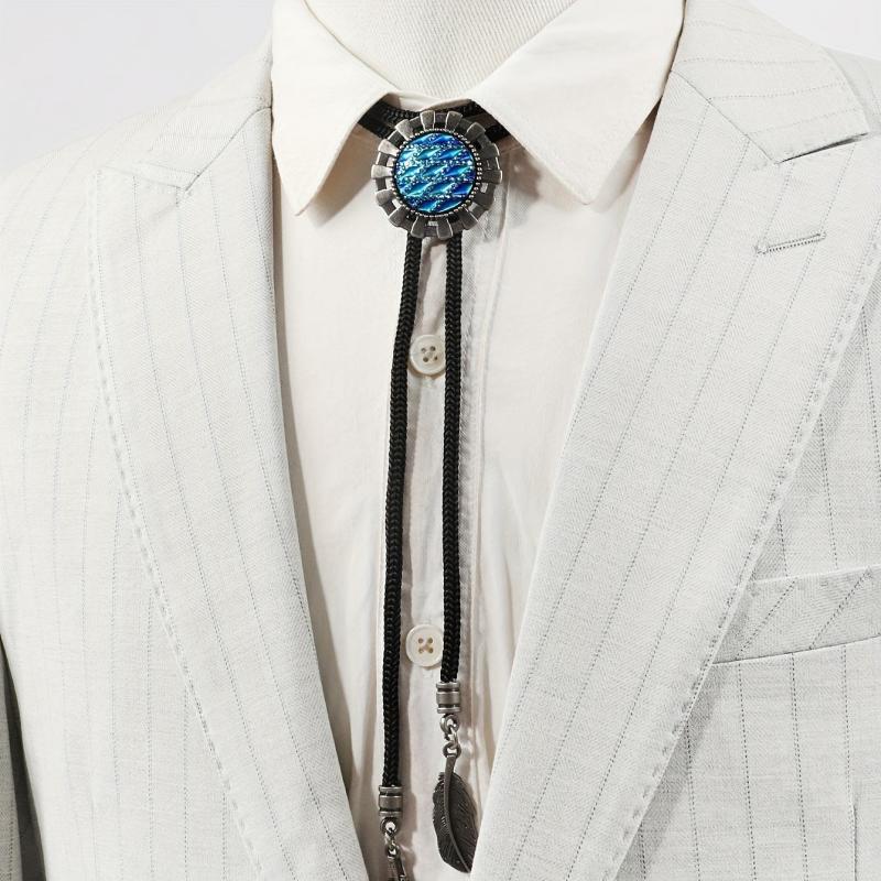 Men's Retro Gemstone Polo Collar Tie Western Cowboy Shirt Necklace