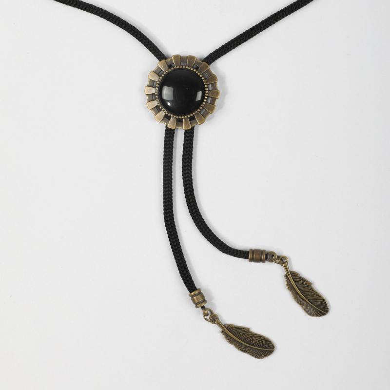 Men's Retro Gemstone Polo Collar Tie Western Cowboy Shirt Necklace