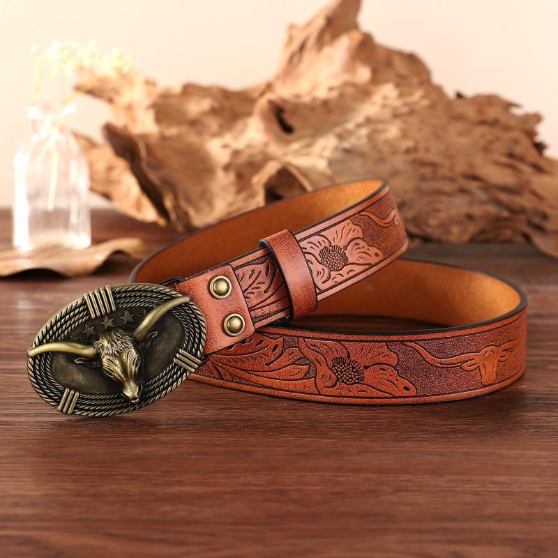 Men's Retro Bull Head Pattern Buckle PU Leather Belt