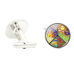 Flag Peace Sign Glass Gem Cufflinks Men Shirt Rhodium Plated Jewelry