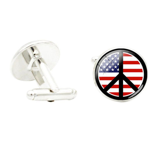 Flag Peace Sign Glass Gem Cufflinks Men Shirt Rhodium Plated Jewelry
