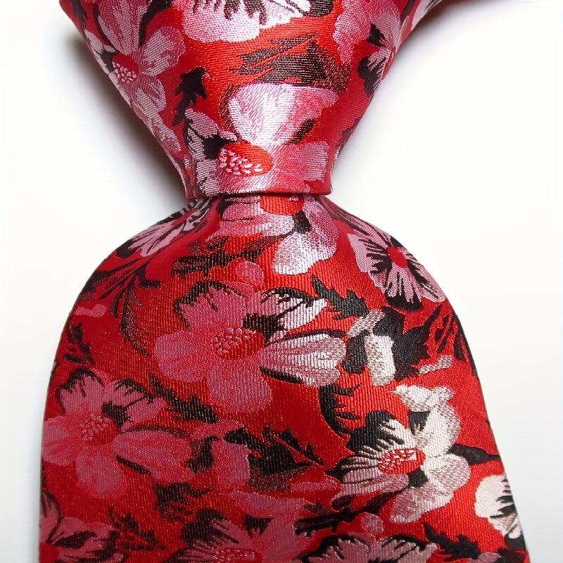Men's Red Flower Necktie Classic Printed Tie for Business Party Wedding