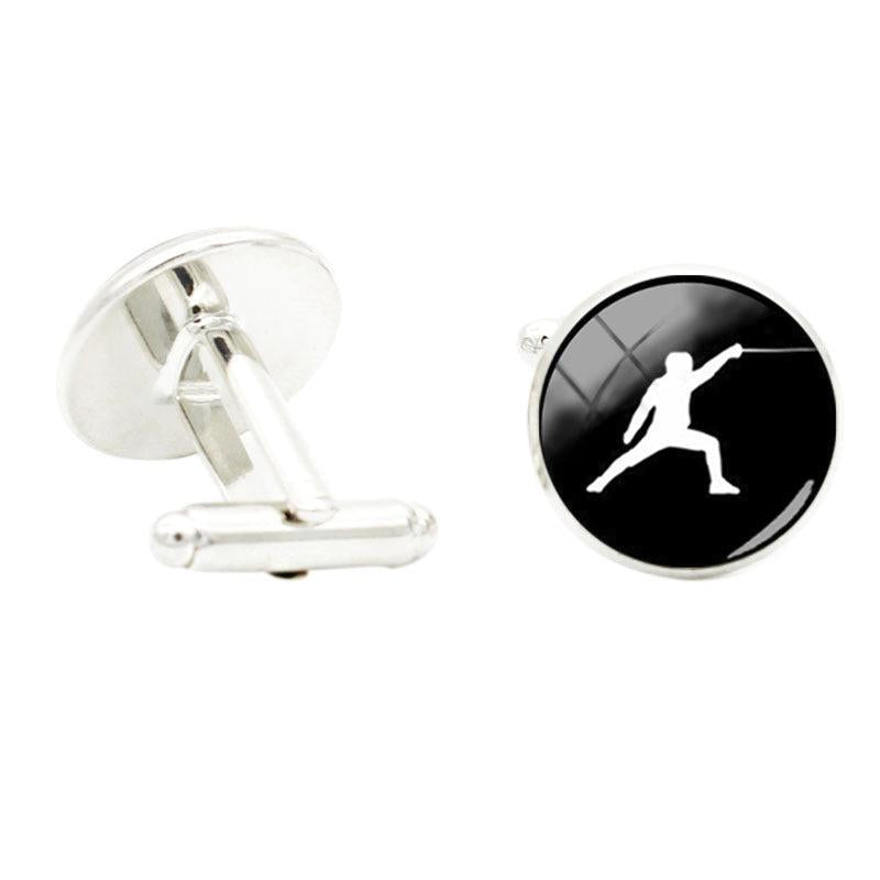 Glass Gem Rhodium Plated Fencing Cufflinks for Men