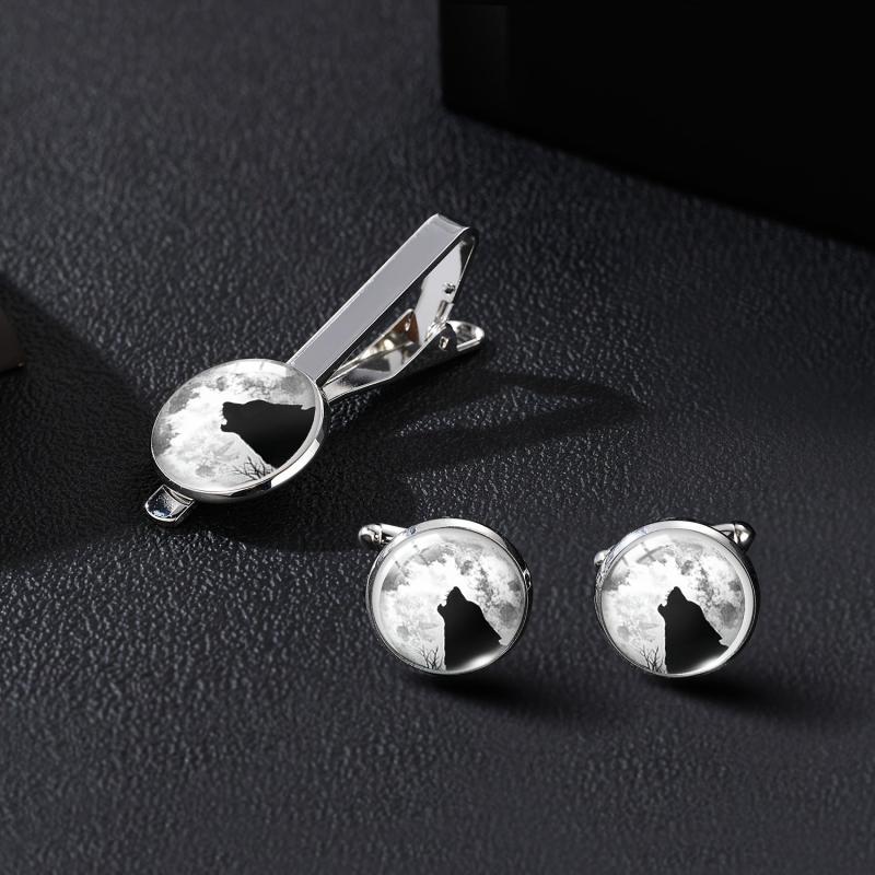 Moon & Wolf Stone Tie Clip & Cufflinks Set