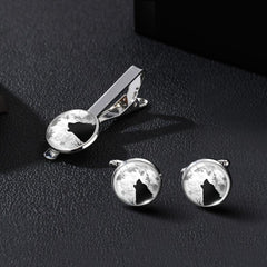 Moon & Wolf Stone Tie Clip & Cufflinks Set