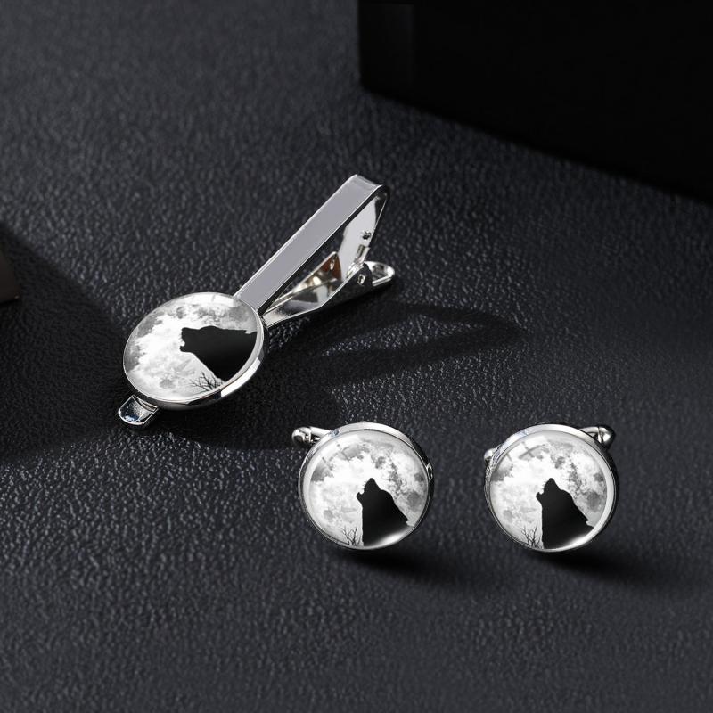 Moon & Wolf Stone Tie Clip & Cufflinks Set