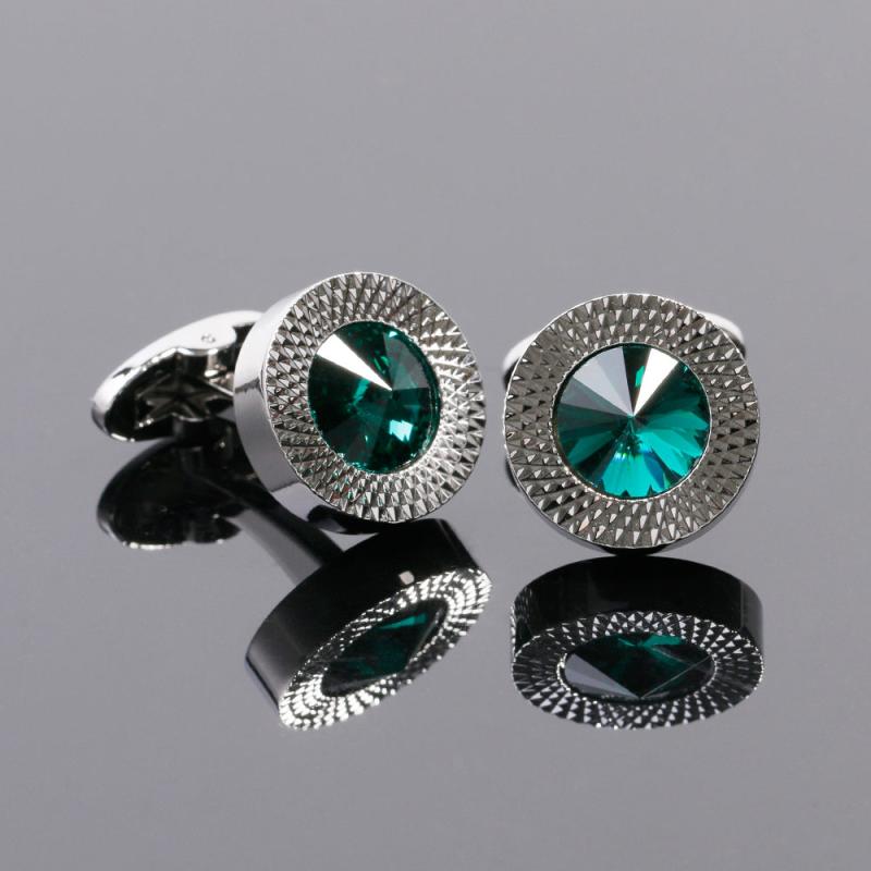 Men's Green Crystal Round Cufflinks