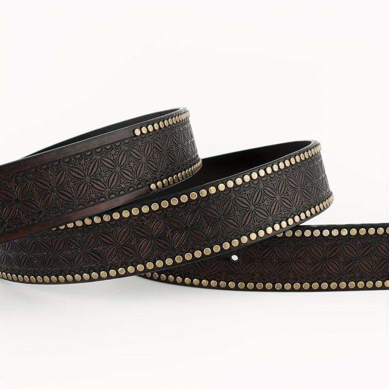 Men's Pin Buckle Floral Pattern Belt Rivet PU Leather Belt
