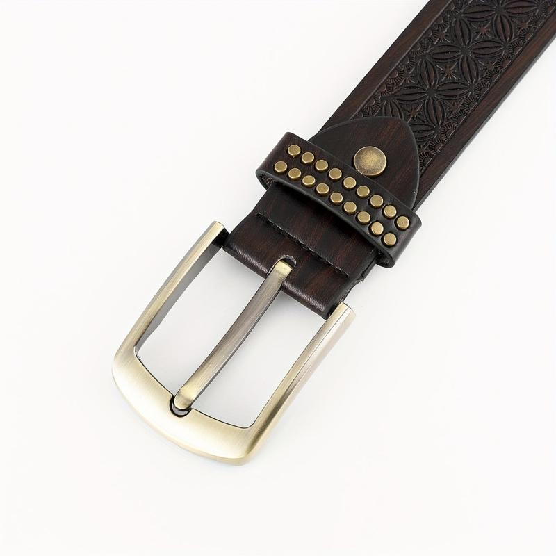 Men's Pin Buckle Floral Pattern Belt Rivet PU Leather Belt