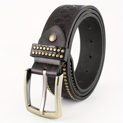 Men's Pin Buckle Floral Pattern Belt Rivet PU Leather Belt