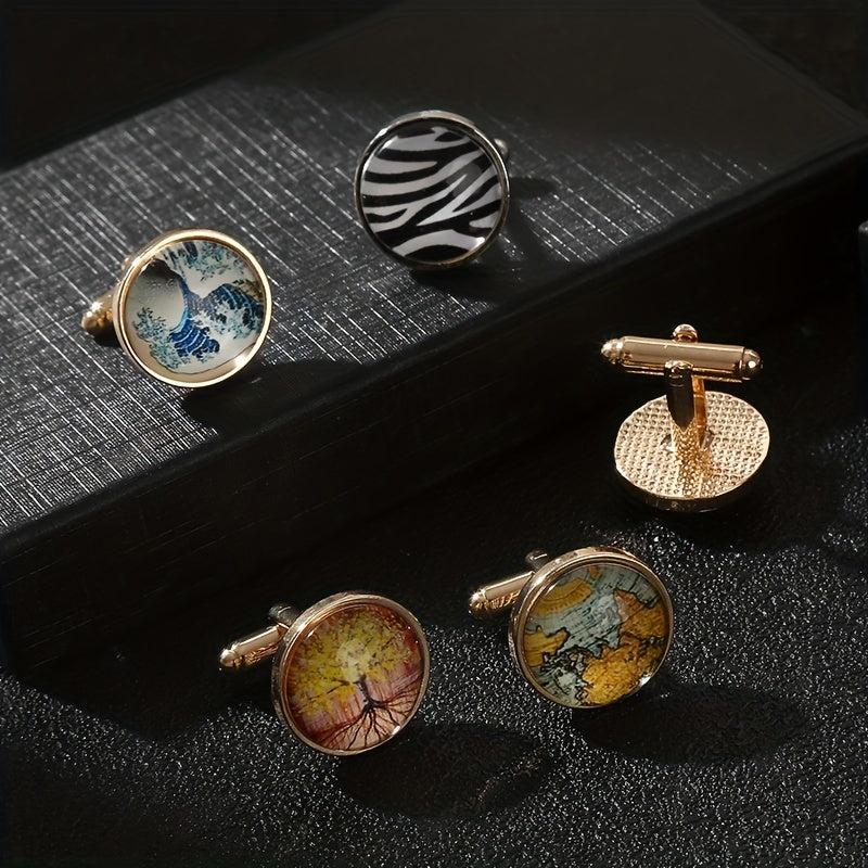 Men's French Cufflinks Tree Of Life World Map Sea Wave Striped Cufflinks