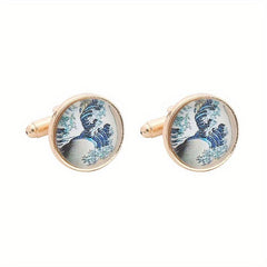 Men's French Cufflinks Tree Of Life World Map Sea Wave Striped Cufflinks