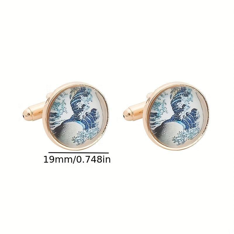 Men's French Cufflinks Tree Of Life World Map Sea Wave Striped Cufflinks