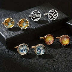 Men's French Cufflinks Tree Of Life World Map Sea Wave Striped Cufflinks