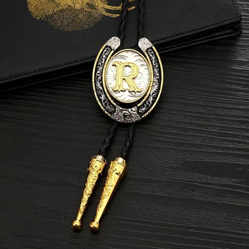 Western Cowboy Zinc Alloy BOLO Tie Round Natural Letter R Tie
