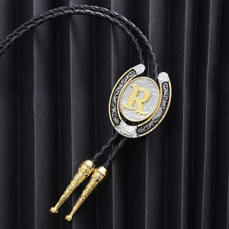 Western Cowboy Zinc Alloy BOLO Tie Round Natural Letter R Tie