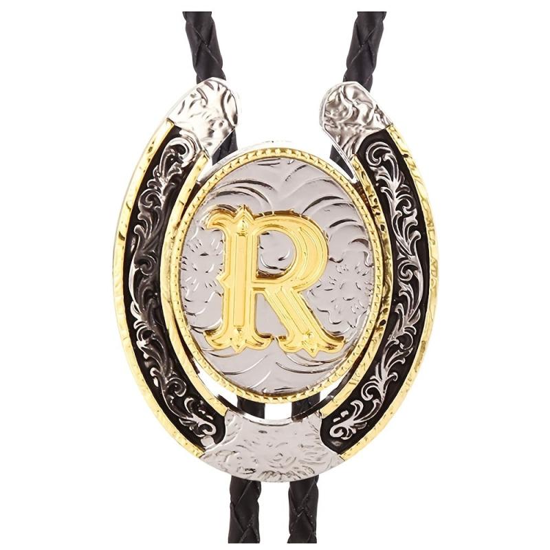 Western Cowboy Zinc Alloy BOLO Tie Round Natural Letter R Tie
