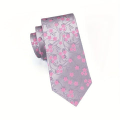 Men's Floral Necktie Set with Clip and Handkerchief