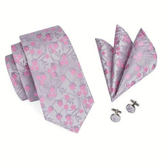 Men's Floral Necktie Set with Clip and Handkerchief