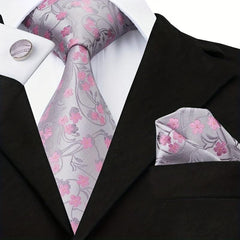 Men's Floral Necktie Set with Clip and Handkerchief