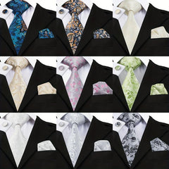 Men's Floral Necktie Set with Clip and Handkerchief
