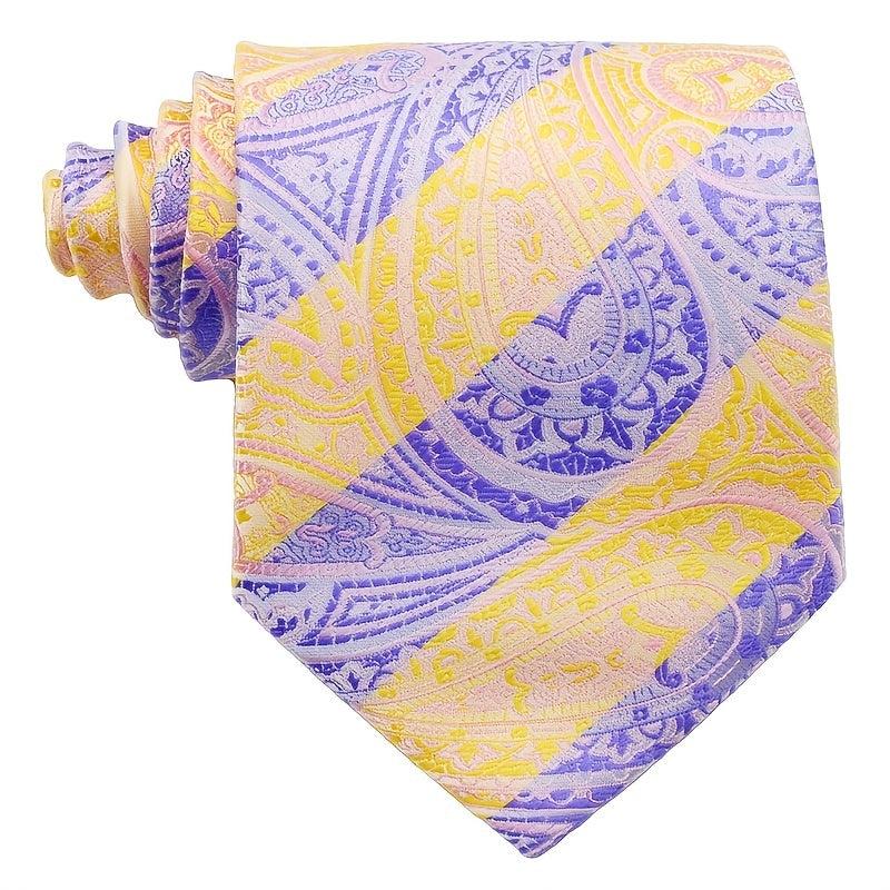 Men's Printed Striped Tie Yellow Purple Flower Tie