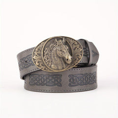 Men's PU Leather Horse Head Buckle Belt Western Cowboy Belt