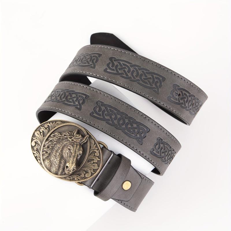Men's PU Leather Horse Head Buckle Belt Western Cowboy Belt