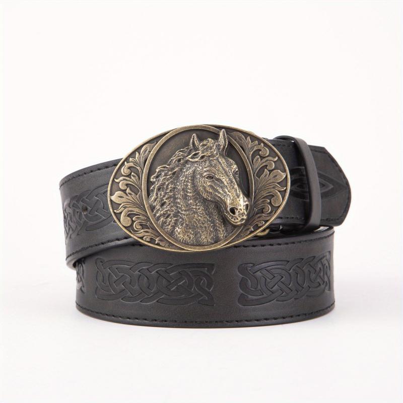 Men's PU Leather Horse Head Buckle Belt Western Cowboy Belt