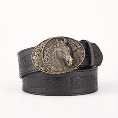 Men's PU Leather Horse Head Buckle Belt Western Cowboy Belt
