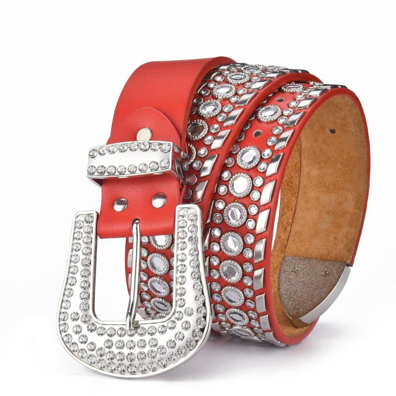 Red Rhinestone Eyelet Wide Belt for Men